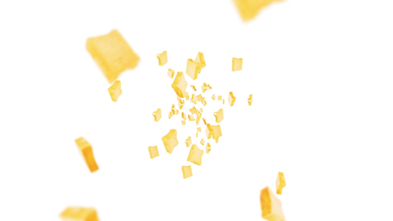 Molte fette di pane semplice che volano su sfondo bianco. Concetto di prodotti alimentari, cibo e alimentazione. Animazione 3D di una fetta di pane di grano che ruota. Animazione in loop
