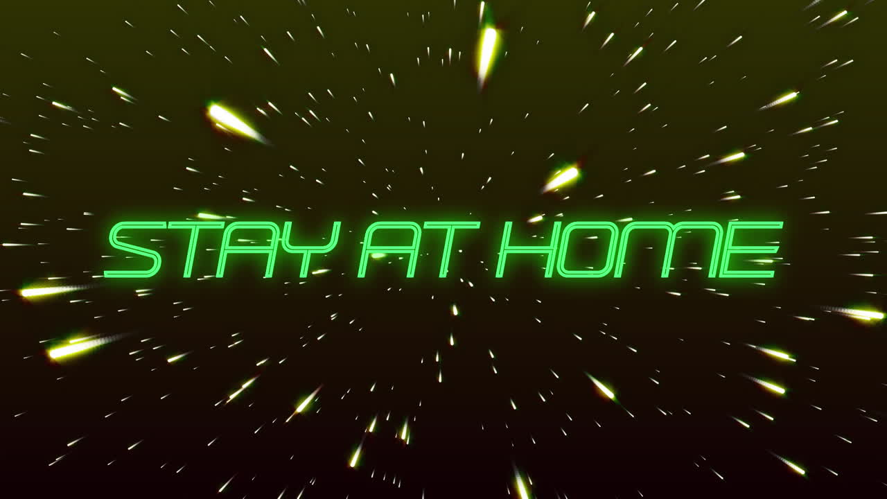 집에 머물라는 단어의 애니메이션은 녹색 네온 글자로 쓰여진 반이는 점 위에 떠다니고 있습니다.