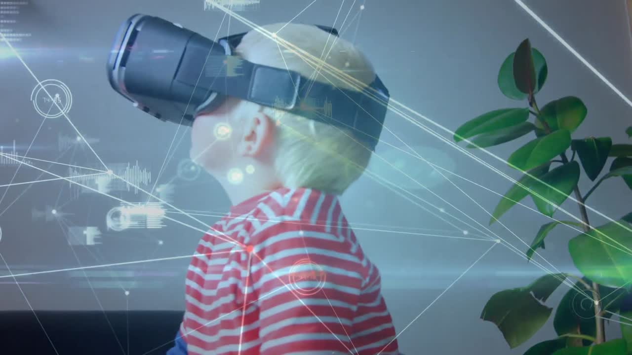 animación de la red de conexiones sobre un niño caucásico que usa auriculares vr