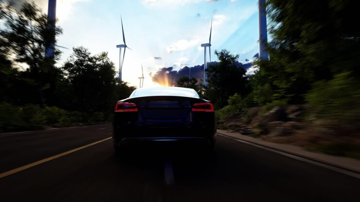 3D Render Of Generic Electric Car Drives On A Road With Wind Turbines In The Background. Realistic 3D Animation