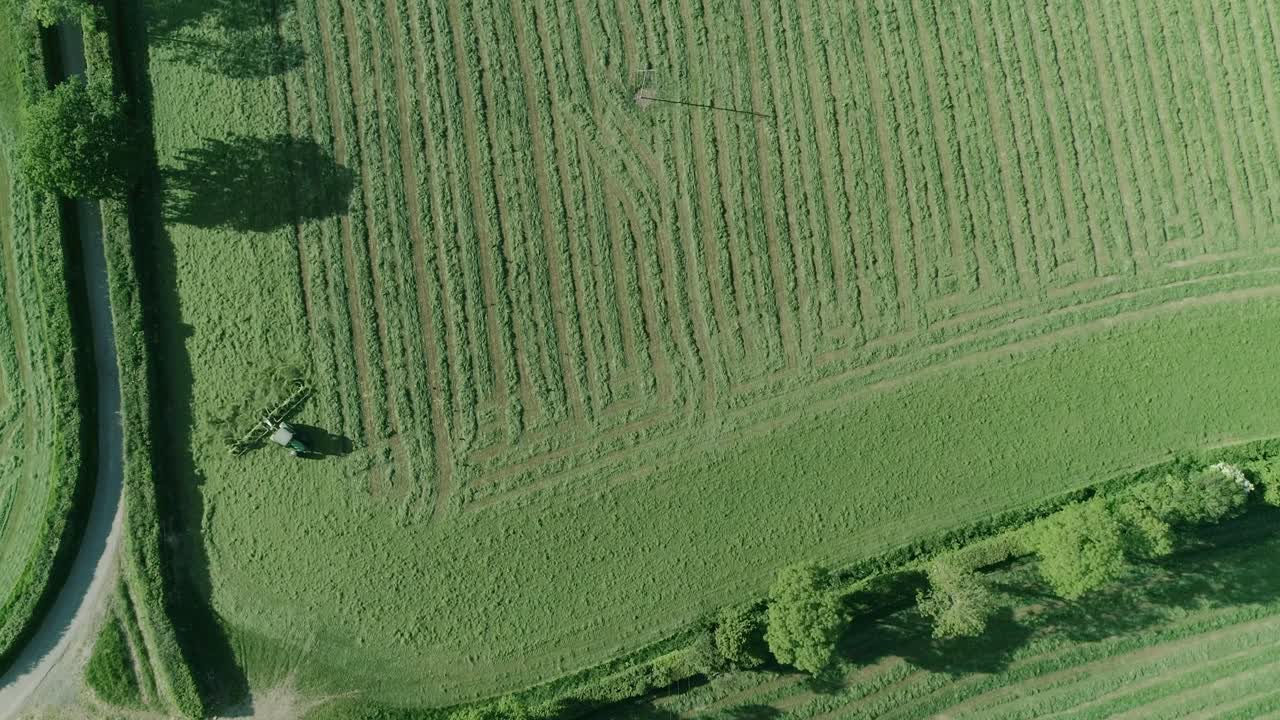 un tractor gira en una esquina mientras henifica un gran campo verde y rico.