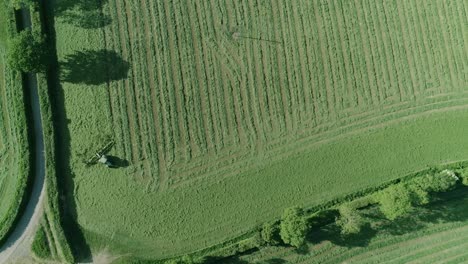 a tractor turns a corner whilst tedding a large rich green field