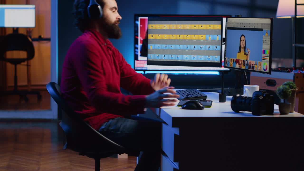 editor de fotos tomando un descanso después de hacer la gradación de color en las imágenes, relajándose usando un teléfono inteligente