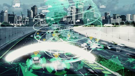 concepto de tecnología de transporte inteligente para el futuro tráfico de automóviles en la carretera de la ciudad de newish