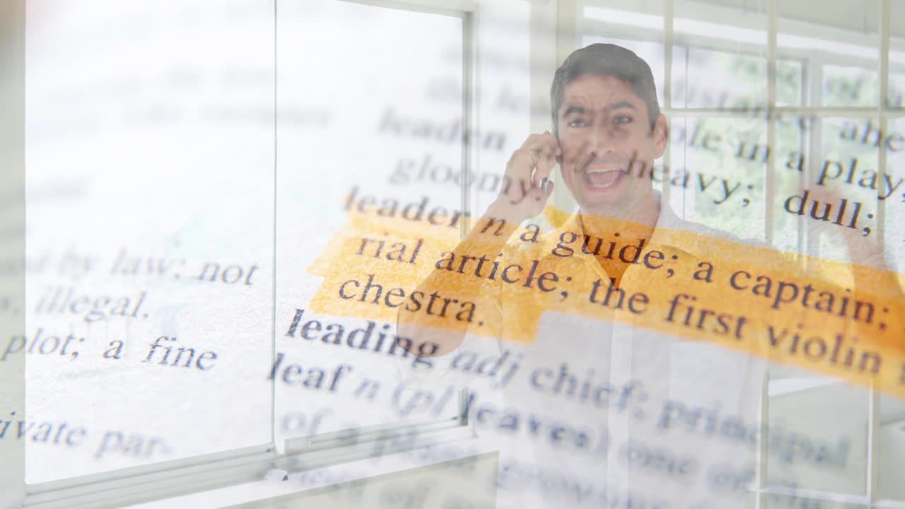 Highlighted text animation over excited man celebrating in bright room