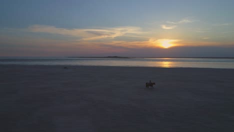 aerial orbit, drone shot around a man and a woman riding horses, on a beach, while waves hit the coast, on a warm and sunny evening