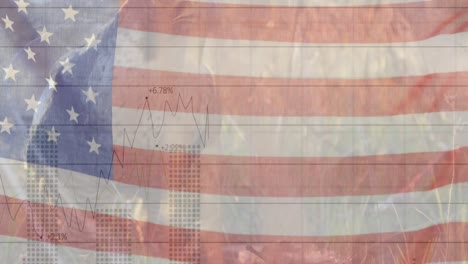 animation of vintage american flag billowing over eagle and data processing