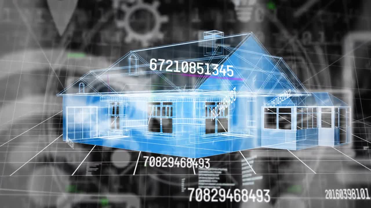 3d 하우스 모델 위에 떠다니는 디지털 아이콘의 애니메이션