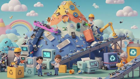 a vibrant scene of recycling in action: workers sorting electronic waste at a lively facility with colorful equipment and a mountain of refurbished materials