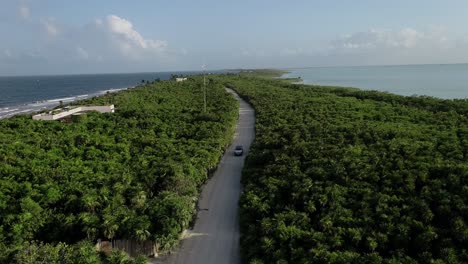 aerial drone footage of a shoreline road in tulum, mexico