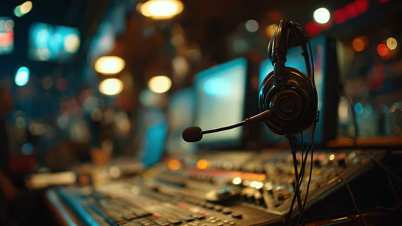 A Close-Up View of a Professional Audio Control Room Featuring a Headset and Mixer Equipment, Capturing the Essence of Sound Engineering and Production
