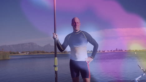 senior man paddling craft lakeside, with animated health icons floating over mountain data graph