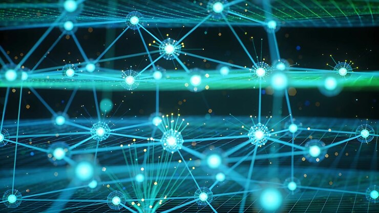 Animating dense 3D network pulsing central nodes highlighting core in digital void, with green band