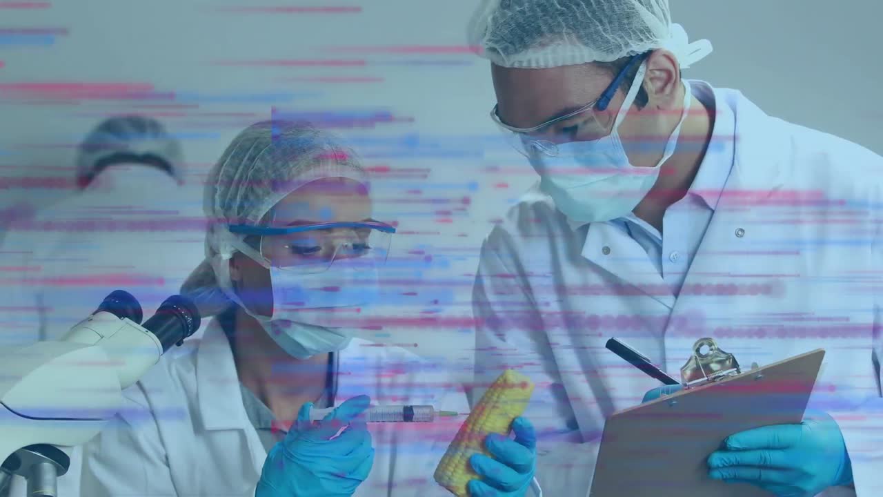 animación de fallos sobre diversas trabajadoras de laboratorio femeninas y masculinas tomando notas