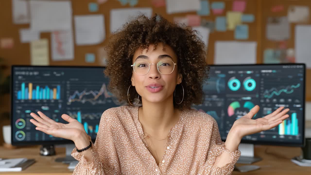 A Confident Young Professional Illustrates Insightful Data Insights Using Visualization Tools in a Vibrant Office Space to Engage the Audience