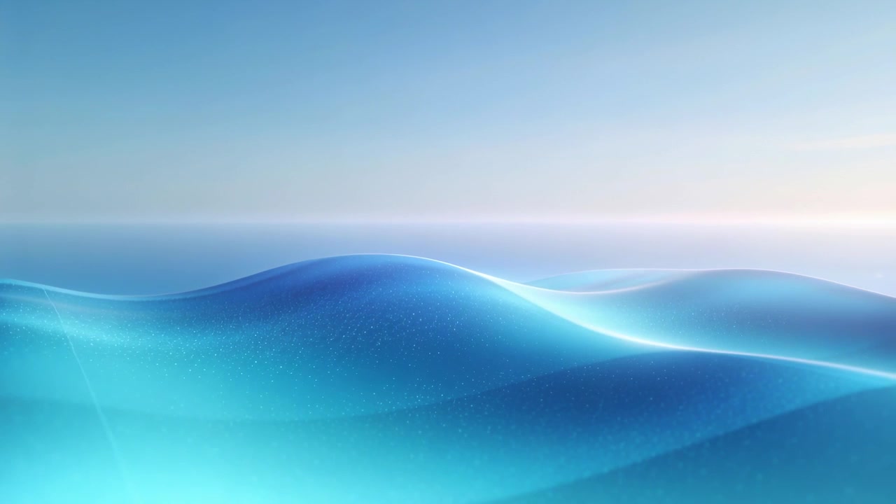 Glinting ridge initiating rolling blue waves moving across pale horizon at dawn, with sparkles