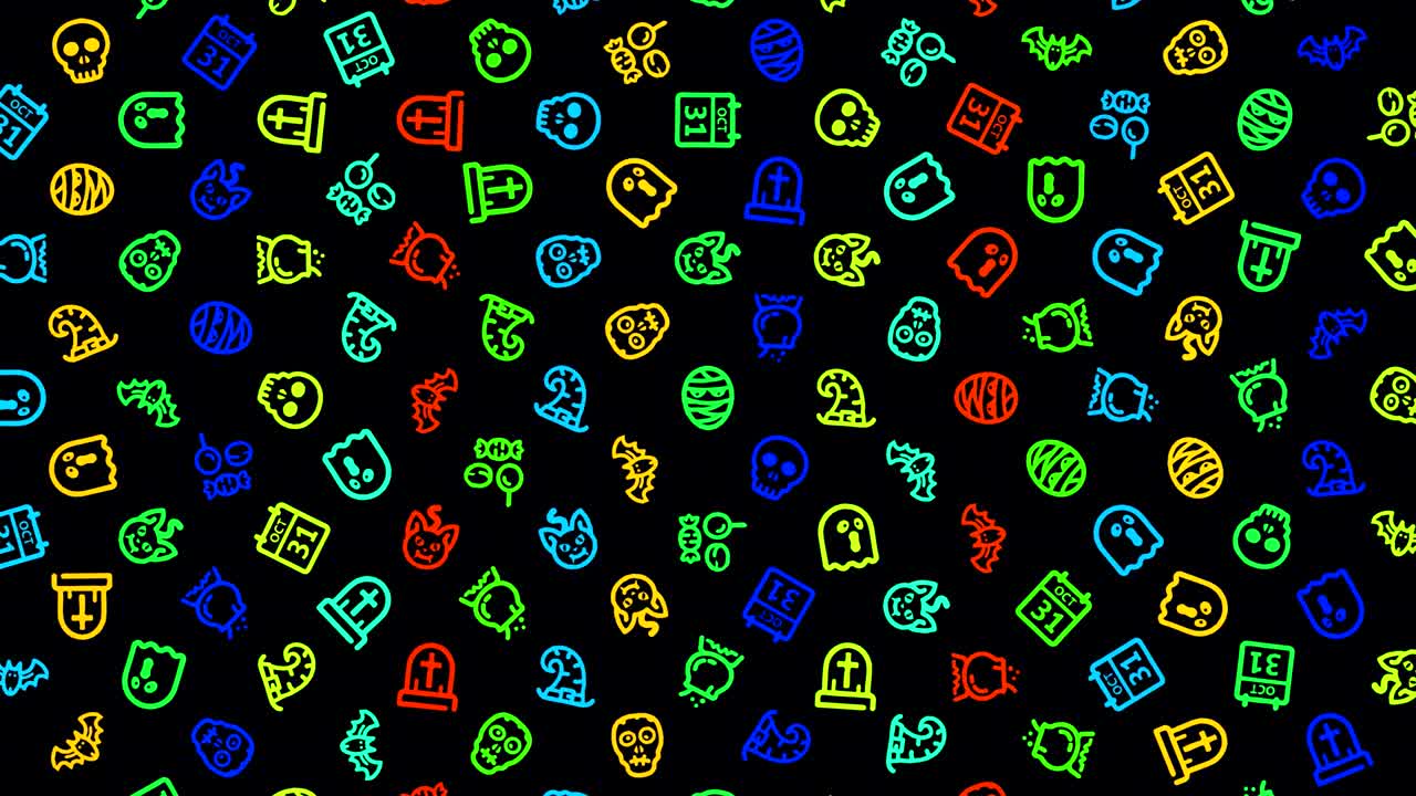 iconos de halloween, bucle de animación. fondo de patrón sin costuras. pequeños iconos multicolores de hallowee giran lentamente sobre un telón de fondo negro