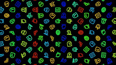 iconos de halloween, bucle de animación. fondo de patrón sin costuras. pequeños iconos multicolores de hallowee giran lentamente sobre un telón de fondo negro