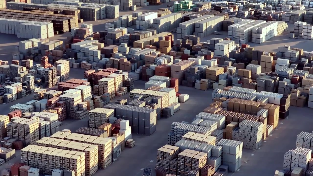 Een opstijgende drone-opname onthult een uitgestrekt laad- en bevoorradingsgebied buiten, gevuld met netjes gestapelde architectonische blokken en pallets, badend in het gouden licht van de zonsopgang dat lange, dramatische schaduwen werpt.