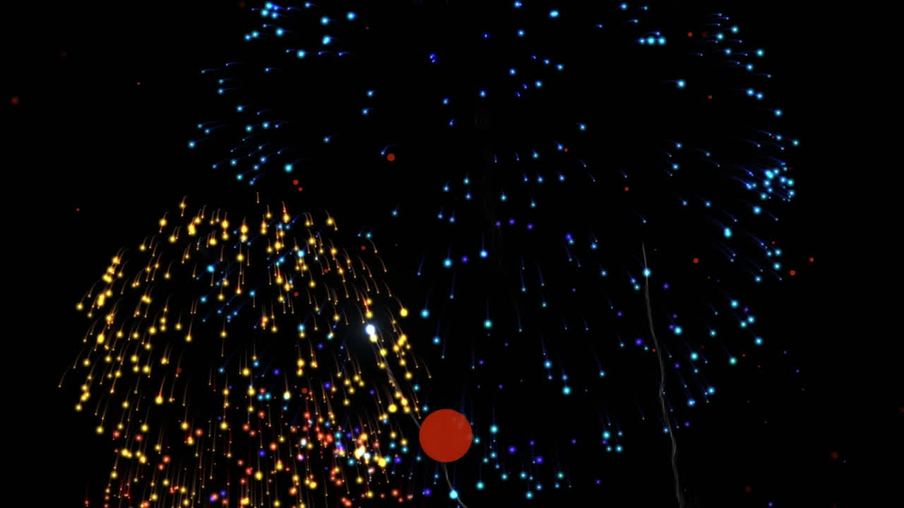 ⁇ 은 반점이 떠다니고 다채로운 불꽃놀이가 검은 바탕에 폭발하고 있습니다.