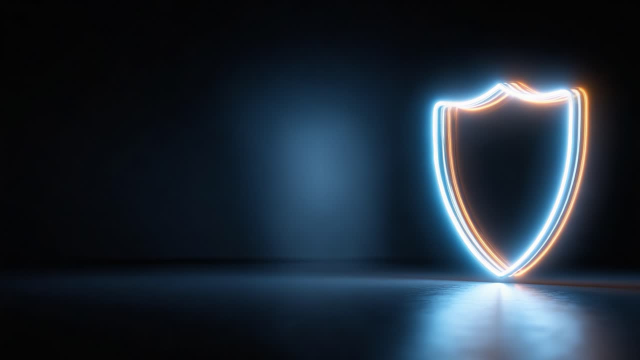 A Futuristic Neon Shield Glowing in a Dark Environment, Symbolizing Protection, Security, and Safety in a Virtual Space