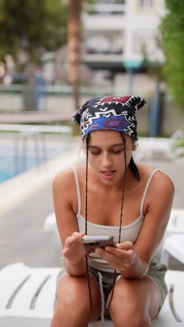 young woman using a phone by the pool