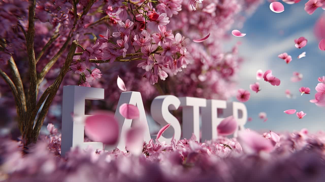 Pink blossoms fall gently around bold white letters. Easter message shines under soft spring sky. Petals drift in slow, dreamy motion. Vibrant colors signal joyful celebration