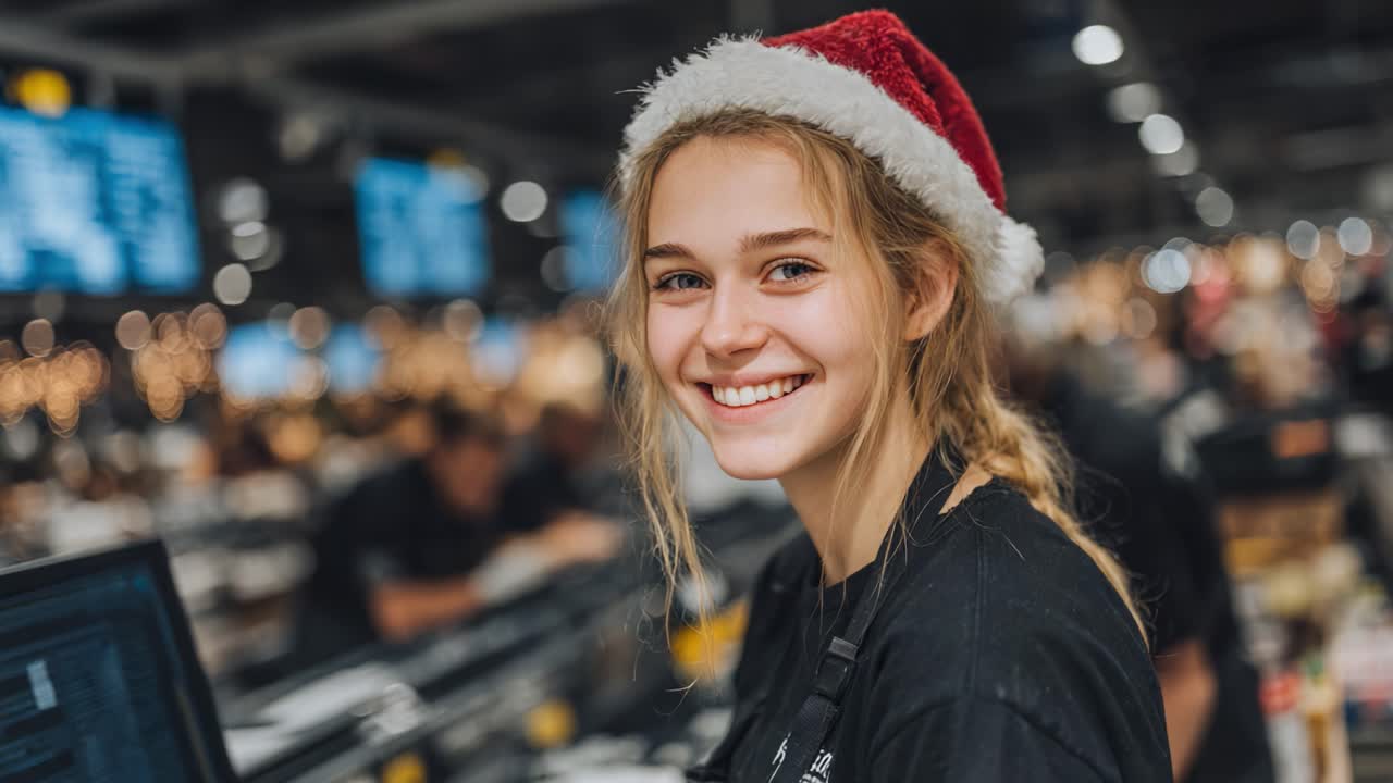 Cheerful Young Employee in Santa Hat Smiling at the Checkout Counter During Holiday Season in a Busy Store Environment