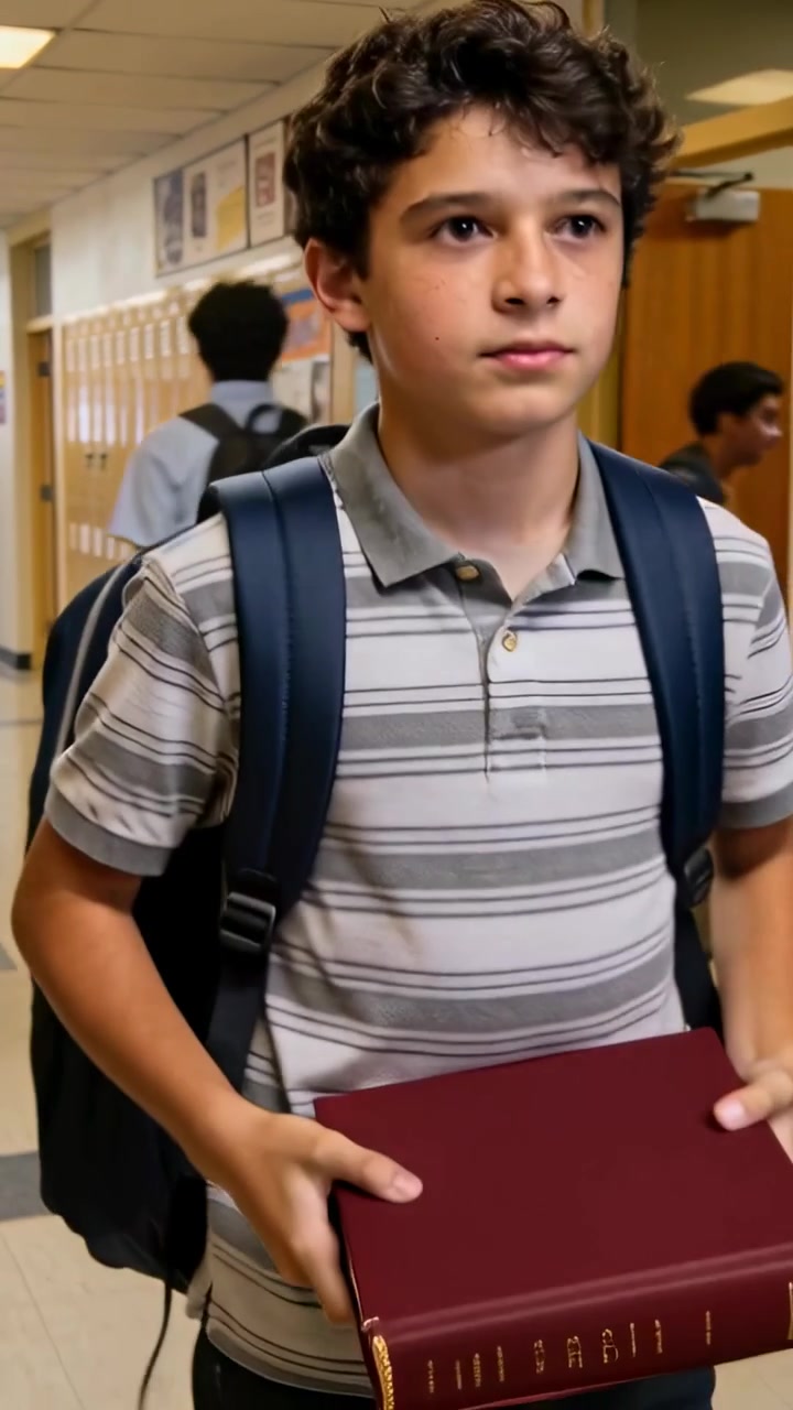 Video vertical: Niño con polo a rayas tomando un libro granate después de que un compañero se lo entrega, dirigiéndose a clase