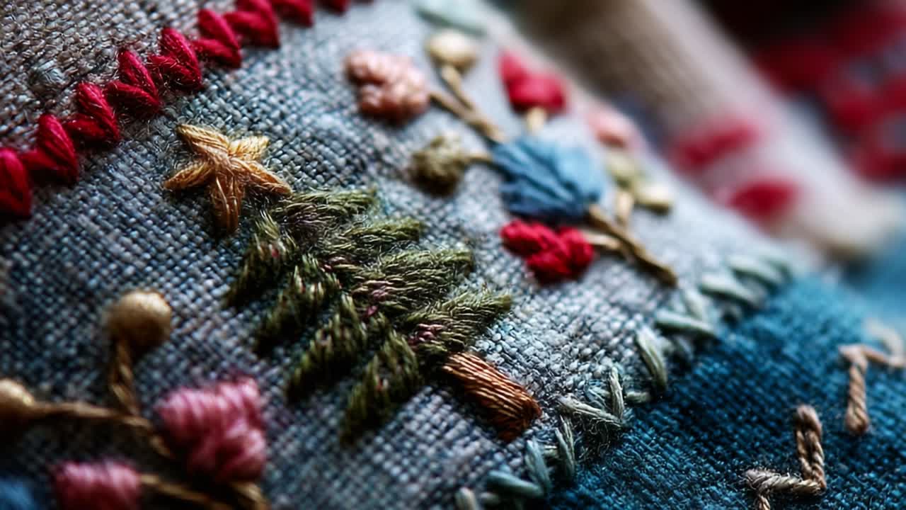 A Close-Up View of Intricate Hand Embroidery Showcasing Beautiful Floral and Tree Designs on Fabric Highlighting the Skill and Artistic Flair in Textile Artistry