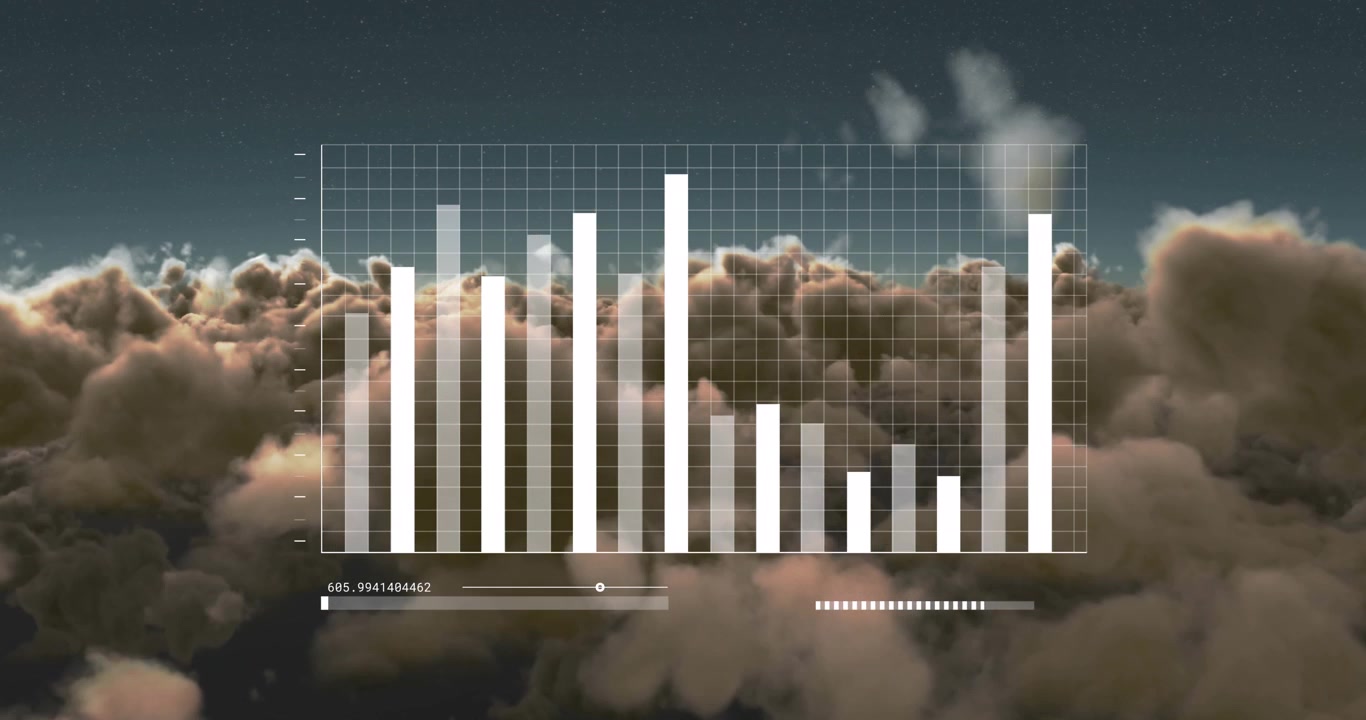 Animation of financial data processing over sky with clouds