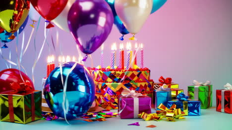 festive birthday celebration with cake, balloons, and gifts