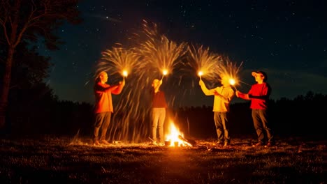 a night under the stars: friends dance around a campfire creating sparkling trails with firework sparklers amidst a starry sky