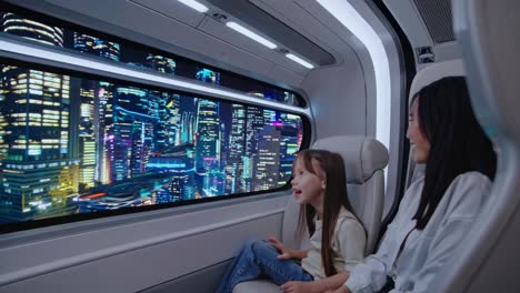 family enjoying a futuristic train ride through the city at night.