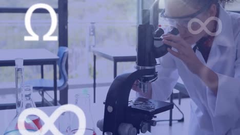 animación de símbolos sobre una científica biracial que trabaja en el laboratorio
