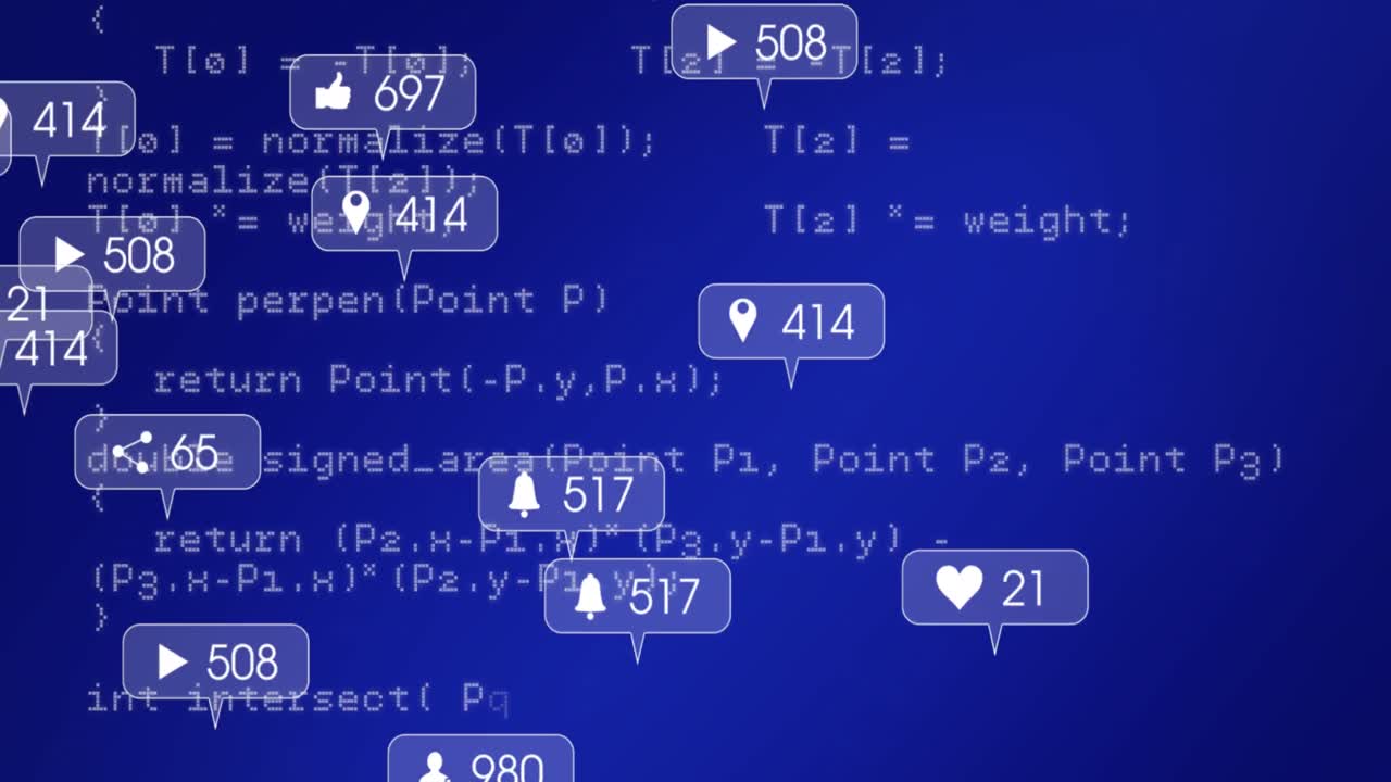 파란색 배경에 데이터 처리 및 미디어 아이콘의 애니메이션