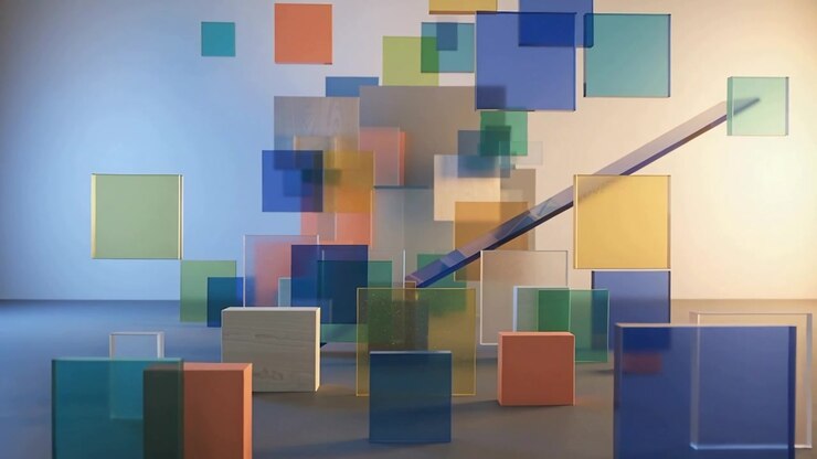 Diagonal beam nudging colored panels to descend, stacking into cuboid blocks to form studio display