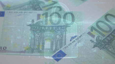 animación de la red de conexiones y el candado de seguridad sobre los billetes en euros que caen