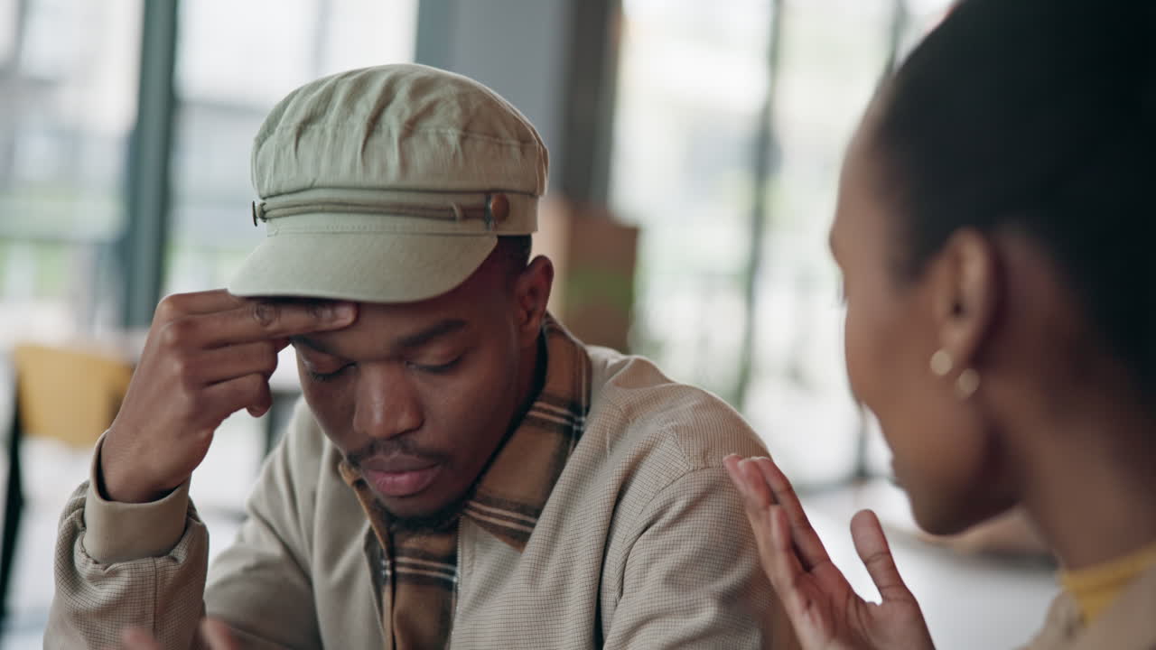 Argue, conflict and couple in cafe for talking