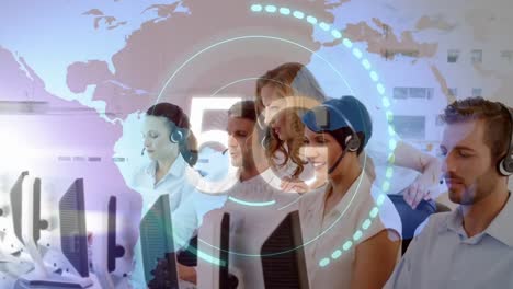 Animation-of-globe-5g-text-over-business-people-using-phone-headsets