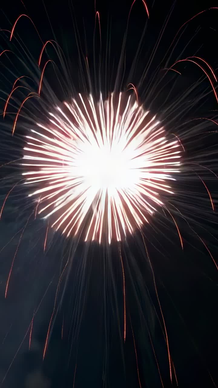 Vertical video: Bursting firework shell sending red-orange spark trails in night sky, lighting sky
