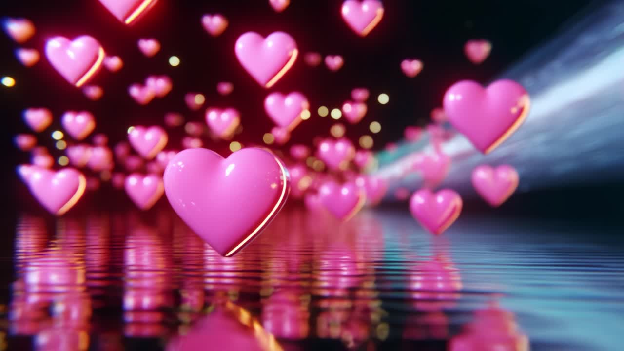 A mesmerizing visual journey through a whimsical world filled with floating pink hearts reflected in a serene water surface, creating a dreamlike atmosphere that evokes feelings of love and joy