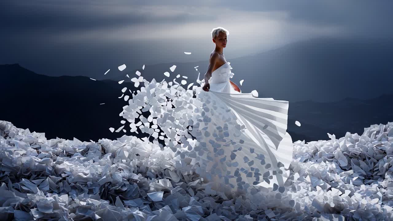 A ethereal figure clad in a flowing white gown evokes a dreamlike atmosphere amidst a surreal landscape of cascading paper, blending art and nature in a breathtaking visual narrative