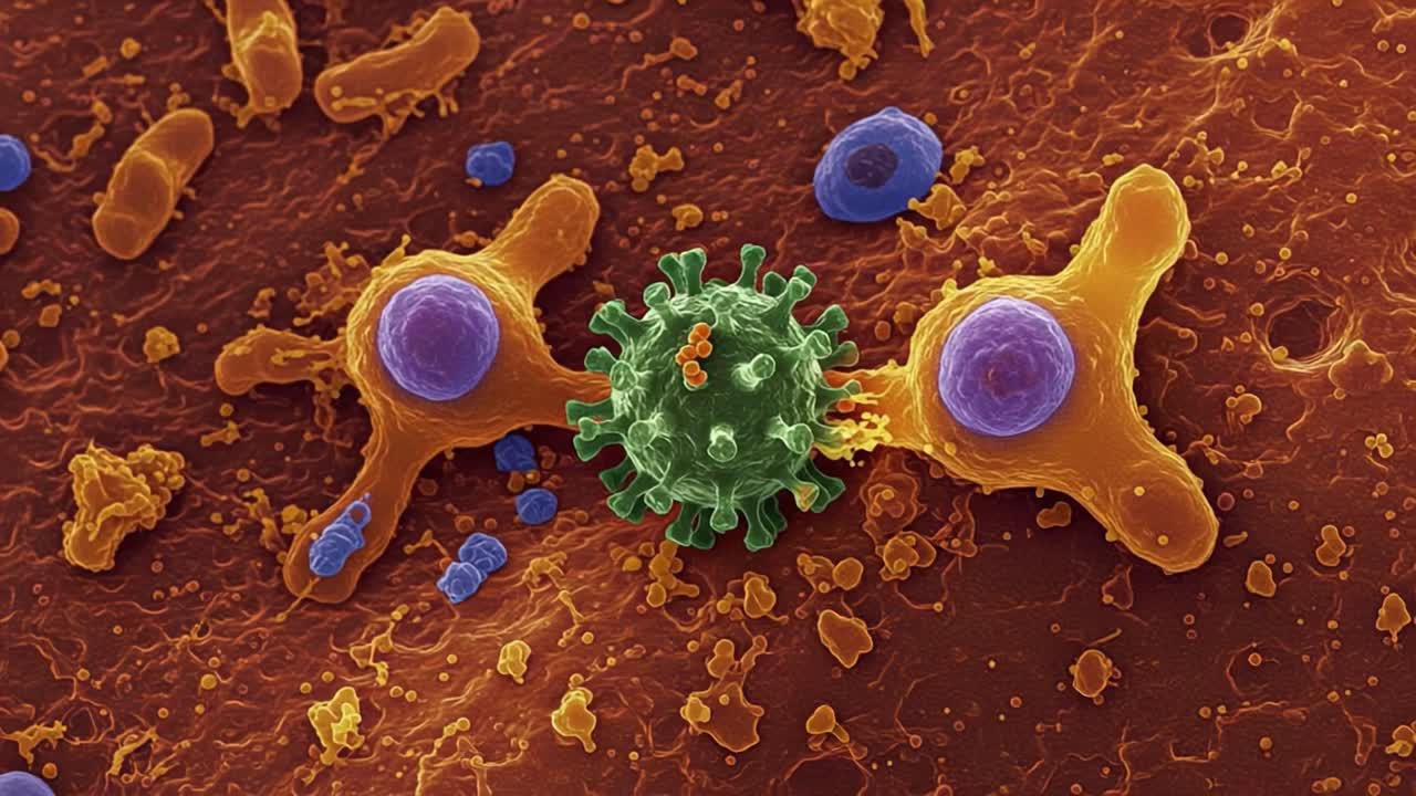 Microscopic View of Viral Interaction with Immune Cells: A Detailed Observation of Virus Binding to Host Cells in a Cellular Environment