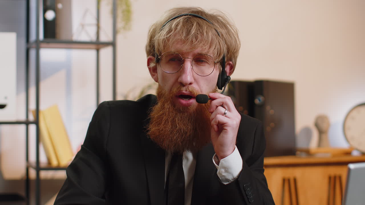 Businessman wearing headset office freelance worker call center support service operator helpline