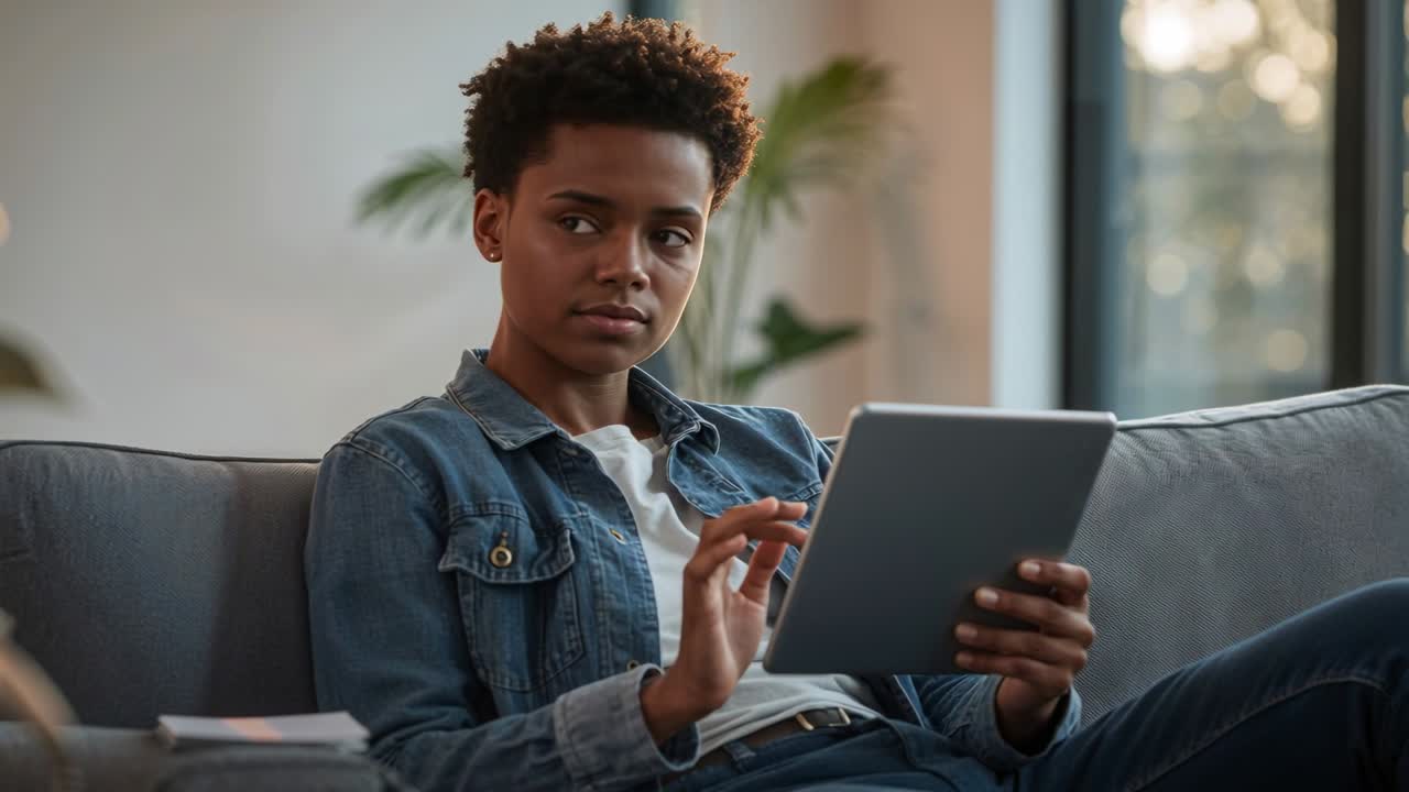 Tapping and scrolling woman in denim jacket glancing left, returning focus on sofa, with tablet