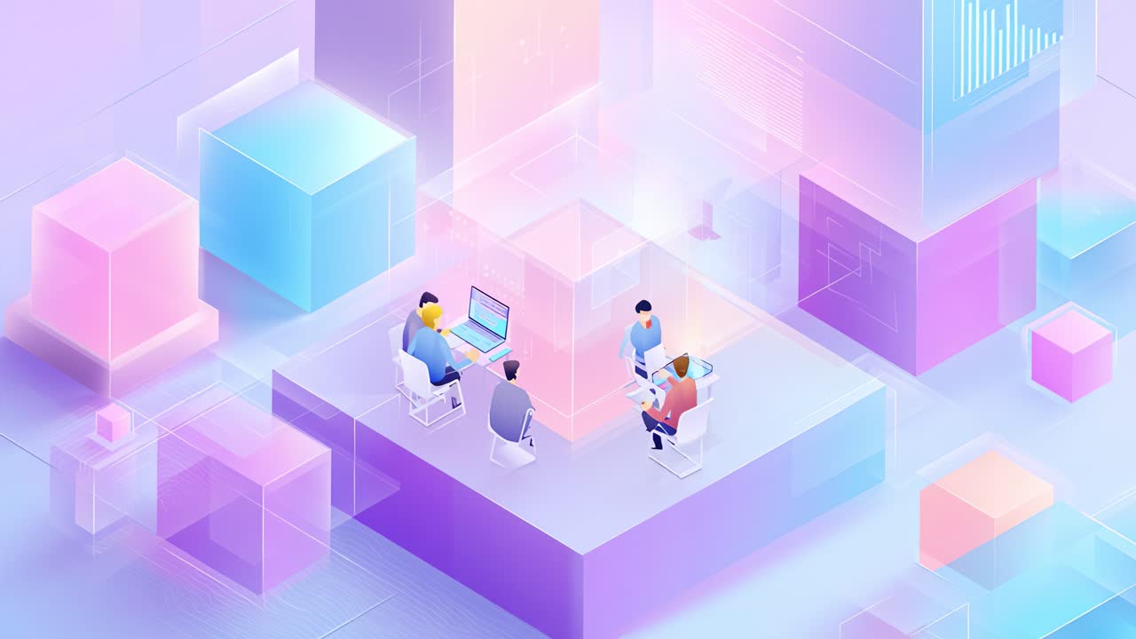 Un vivace spazio di lavoro collaborativo con membri del team impegnati in attività digitali, circondato da forme geometriche e gradienti delicati, che illustra i moderni ambienti tecnologici collaborativi