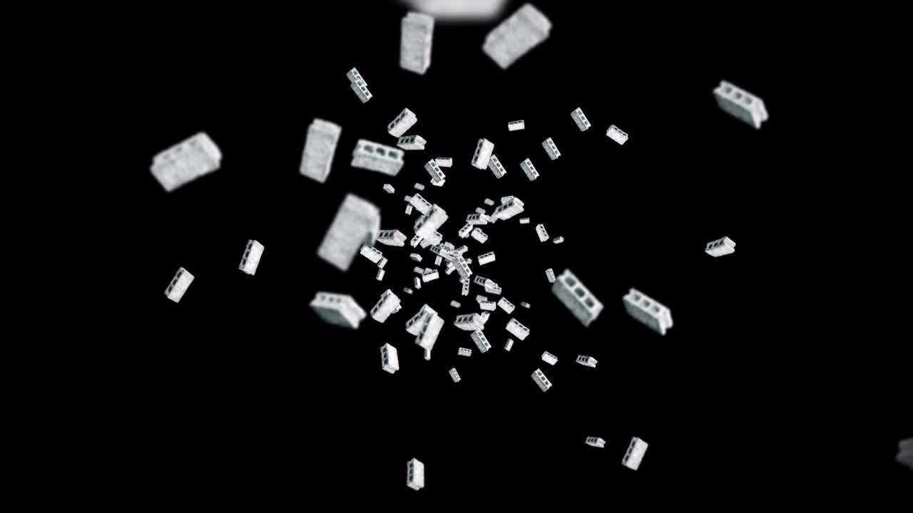 검은 바탕에 많은 콘크리트 벽돌을 날아. 소형 모델, 시멘트, 건설, 회색 블록의 3d 애니메이션 회전, 루프 애니메이션.