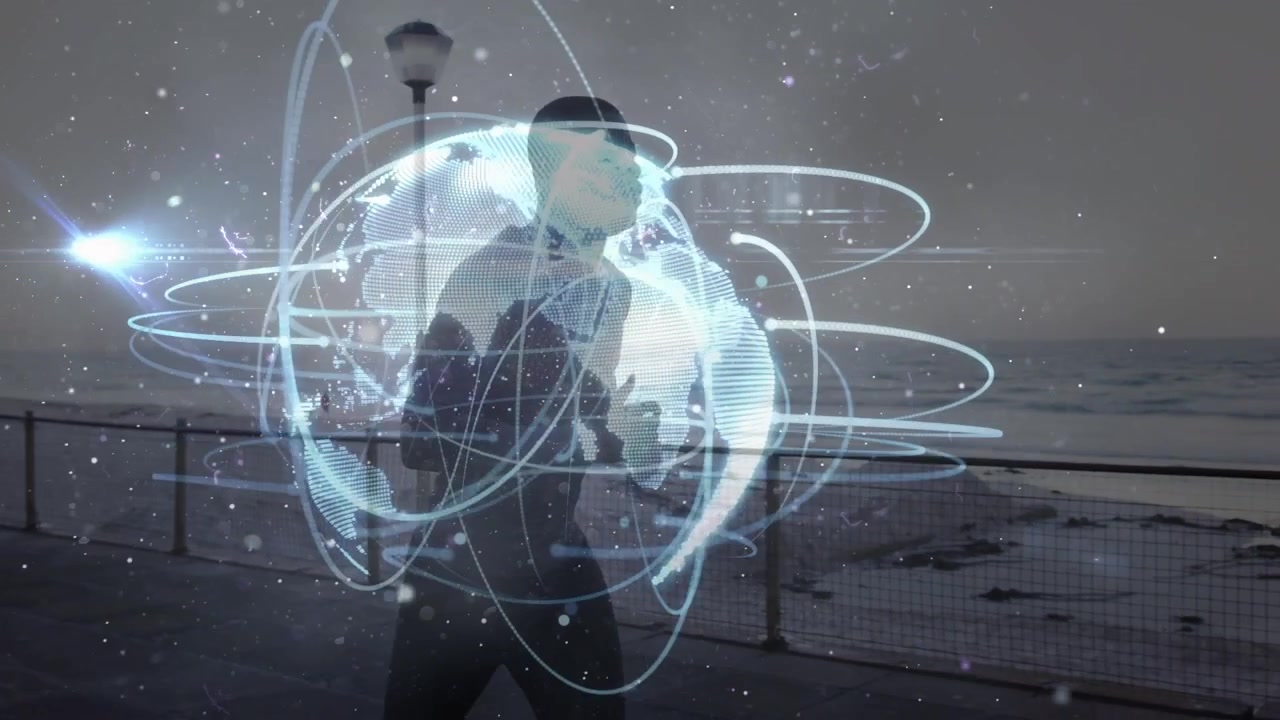 Animation of light trails over spinning globe against african american fit man running on promenade