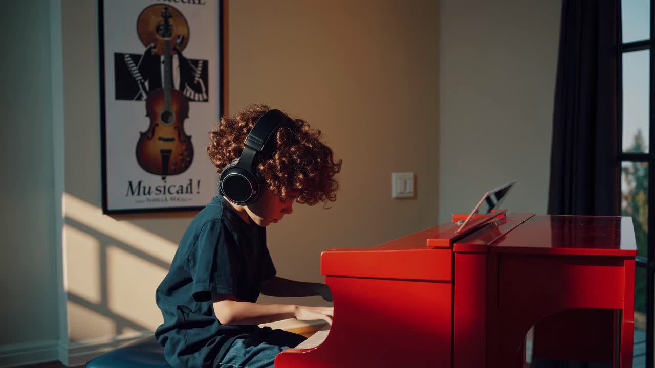 A child plays a red piano wearing headphones, captured in a side angle
